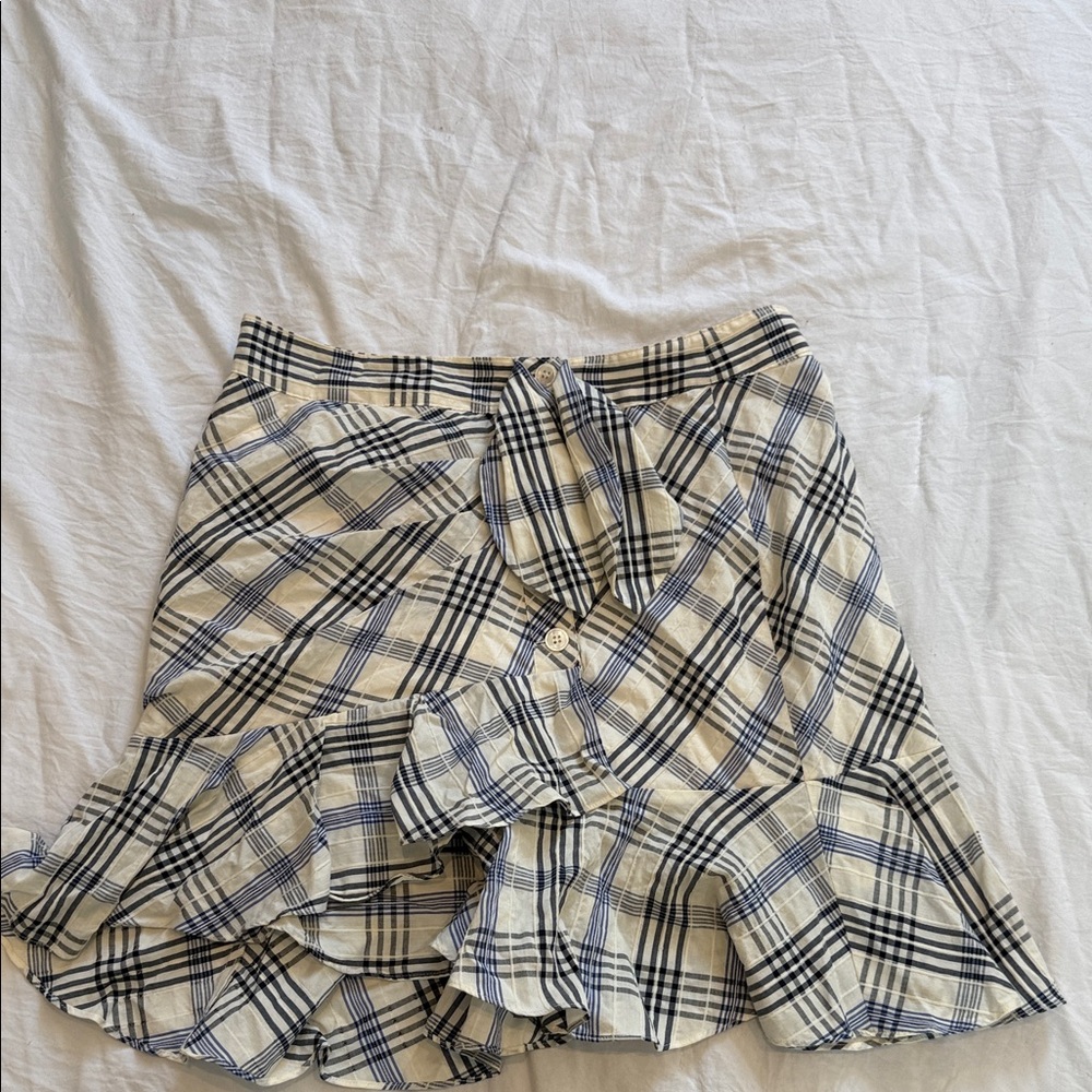 Veronica Beard Plaid Ruffle Wrap Mini Skirt in Cream and Navy